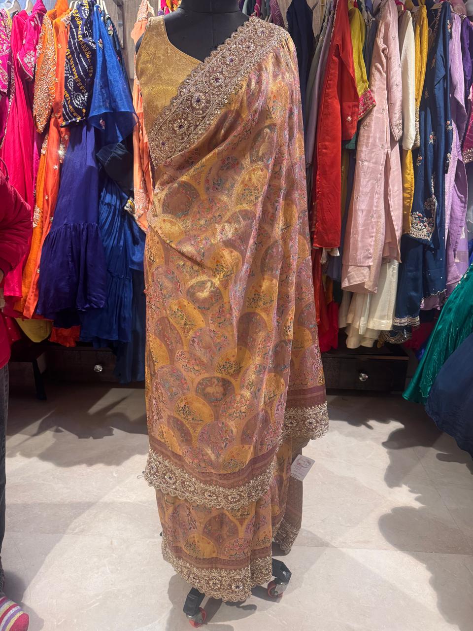 Gold Silk Saree with Intricate Lace Border - Image 2