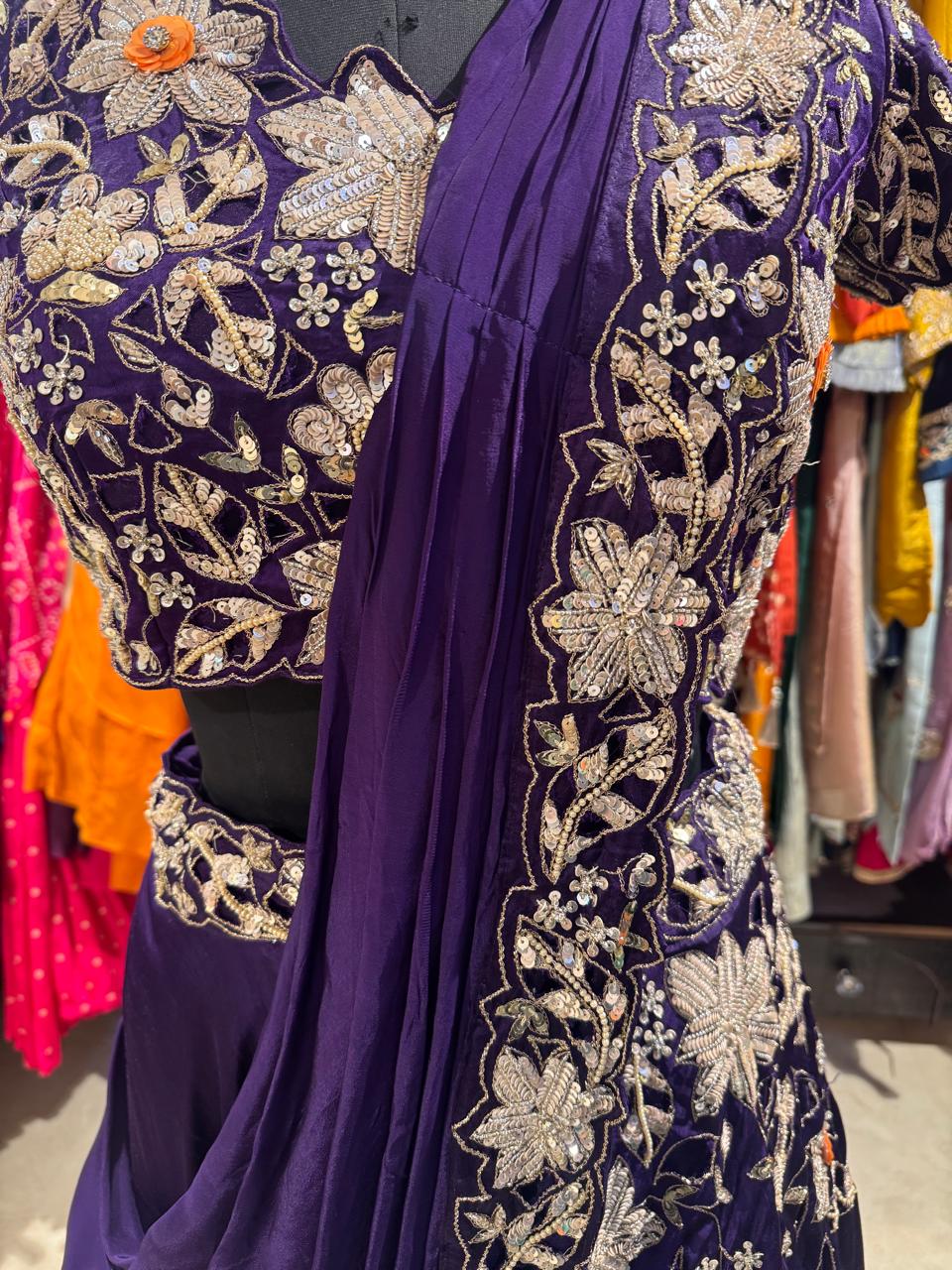 Floral Embroidered Draped Saree Set - Image 4