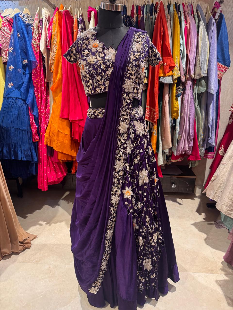 Floral Embroidered Draped Saree Set - Image 2