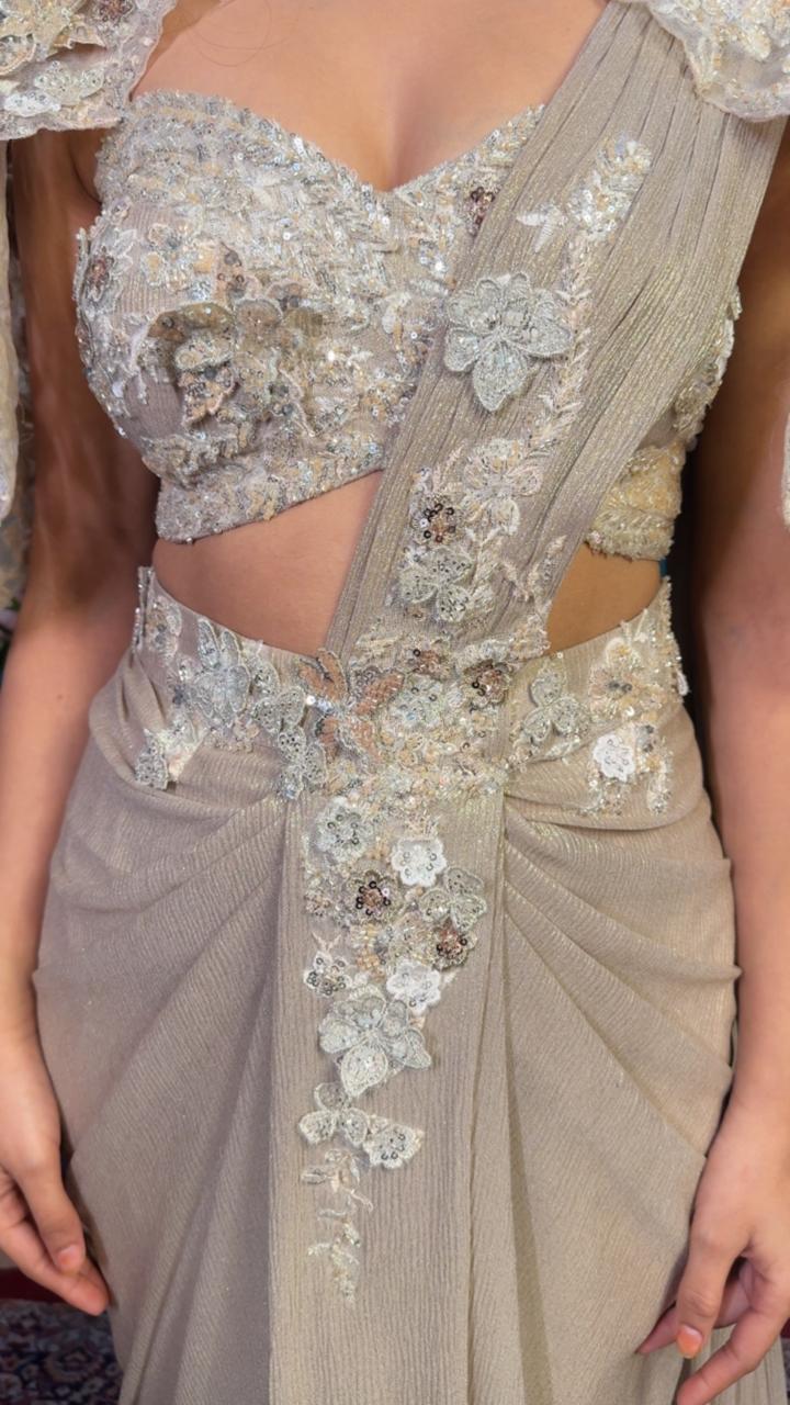 Ivory Pearl Designer Saree with Cape Blouse - Image 2