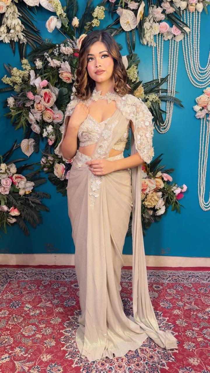 Ivory Pearl Designer Saree with Cape Blouse