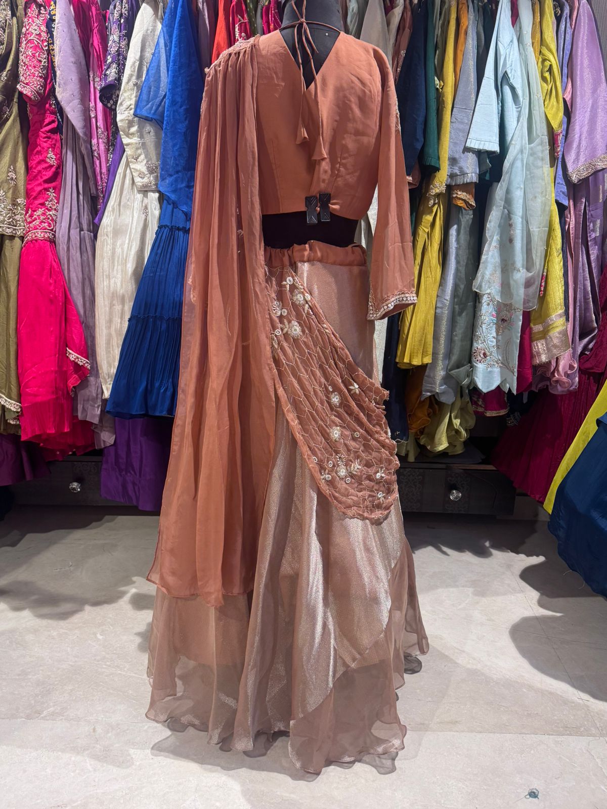 Blush Champagne Draped Lehenga Gown - Image 4