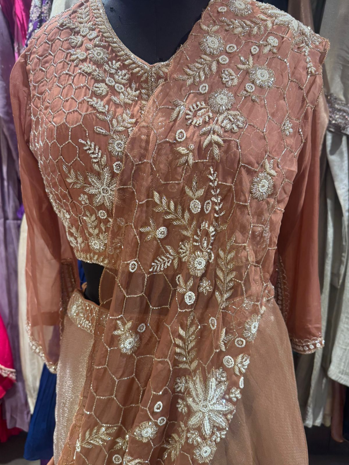 Blush Champagne Draped Lehenga Gown - Image 3