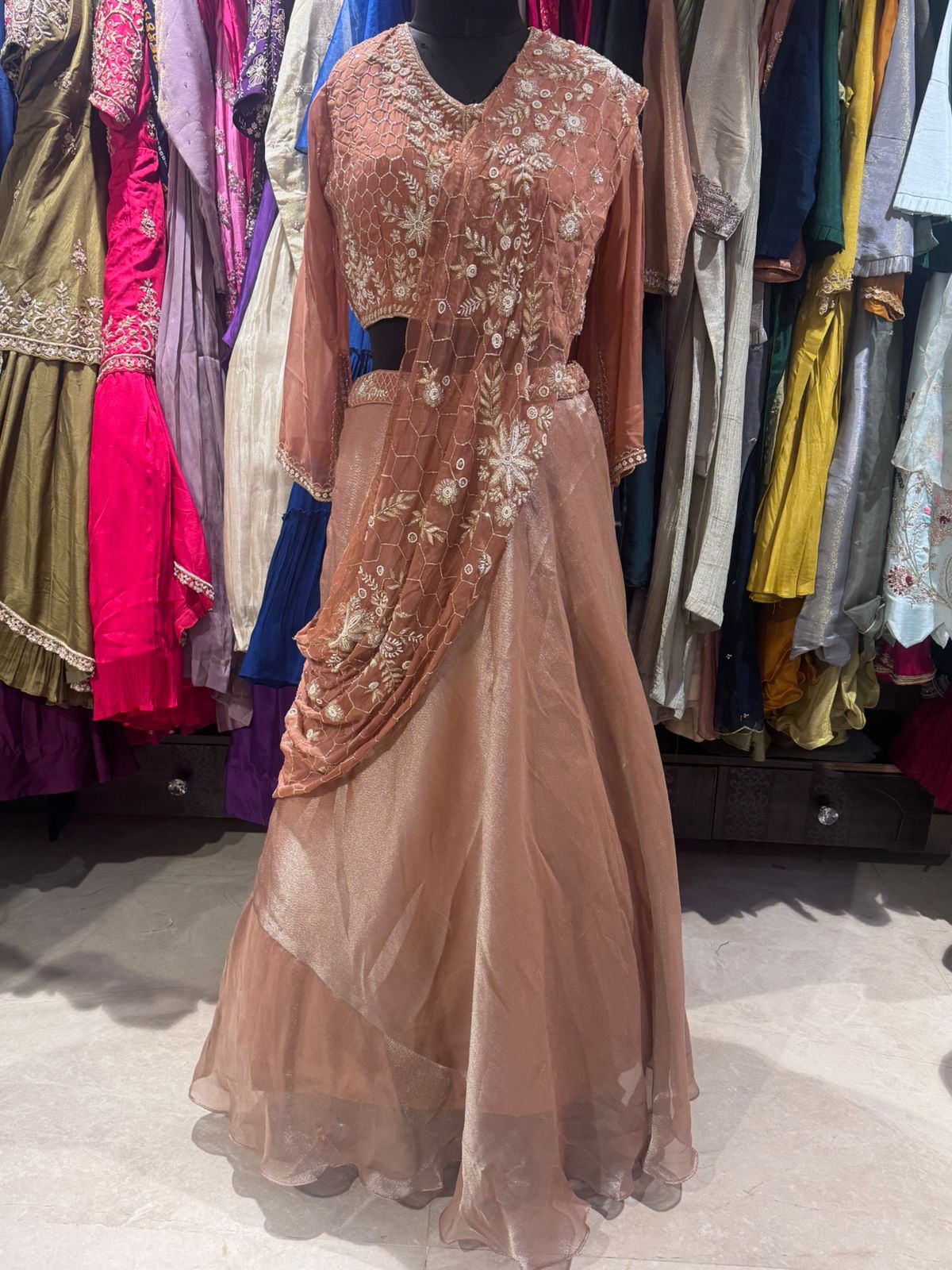 Blush Champagne Draped Lehenga Gown - Image 2