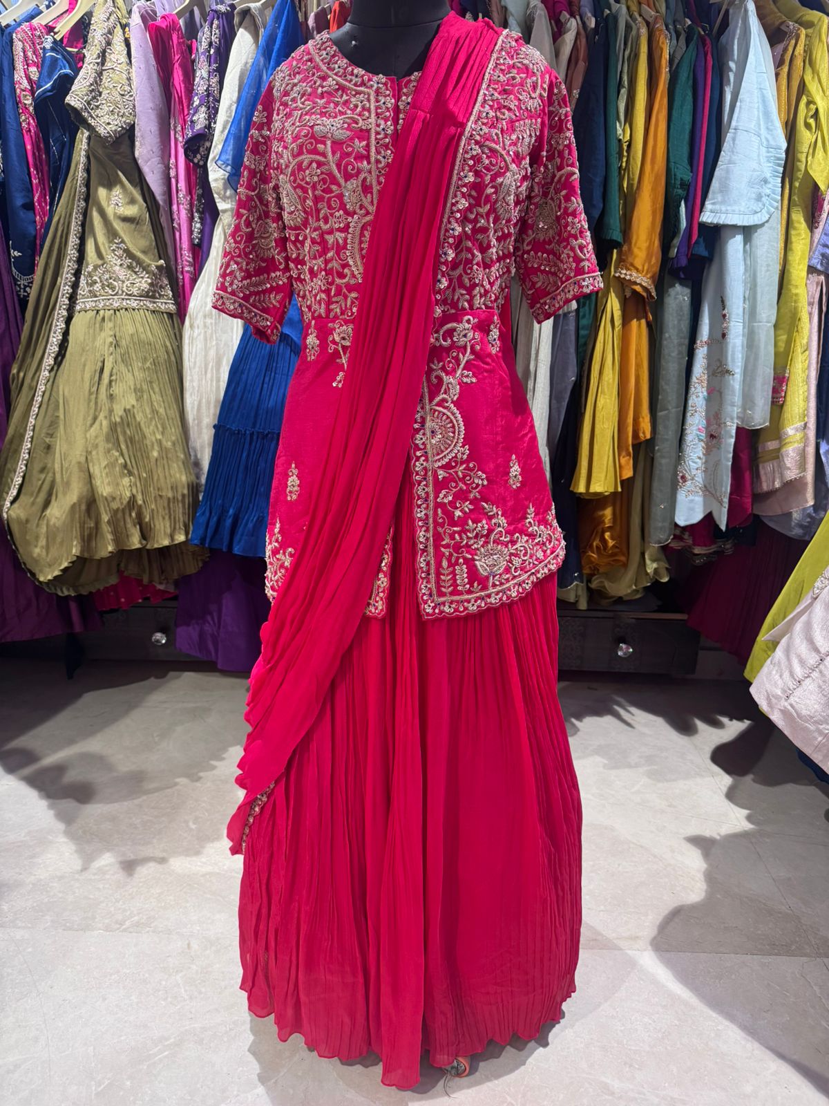 Rani Pink Embroidered Jacket Sharara Set - Image 2