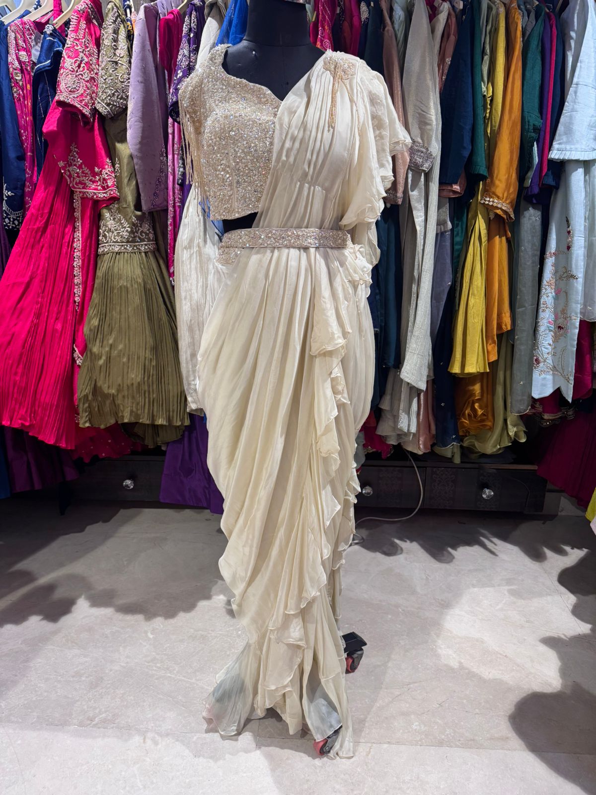 Ivory Cascade Draped Saree Gown - Image 2