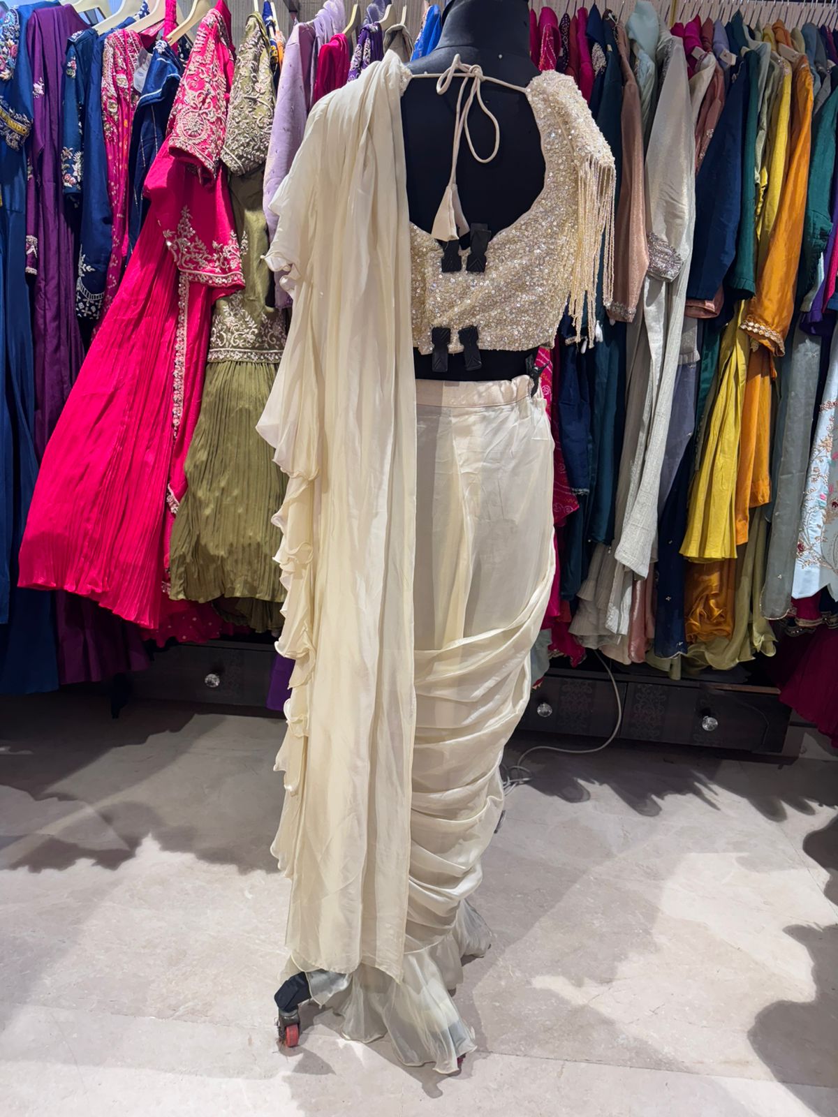Ivory Cascade Draped Saree Gown - Image 3